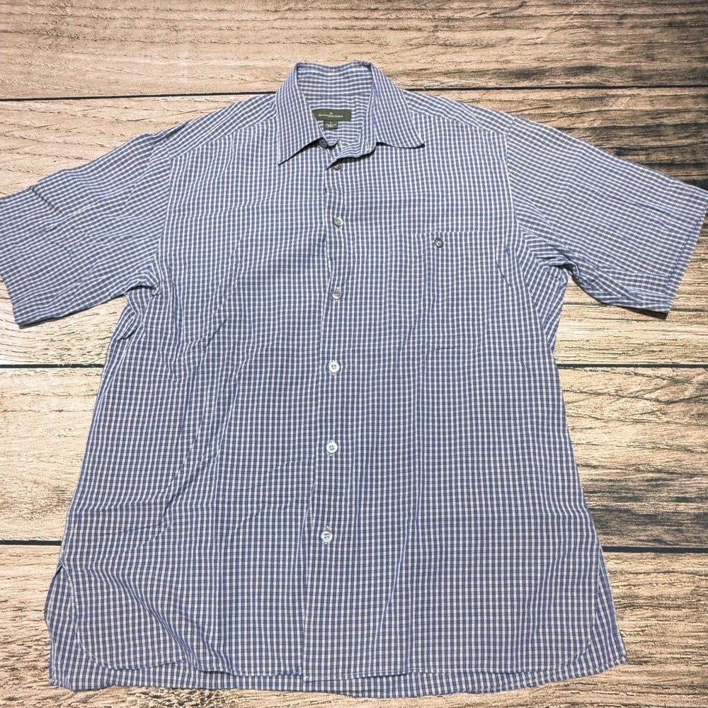 Ermenegildo Zegna Button Front Shirt Mens Large Blue Gingham Check Short Sleeve